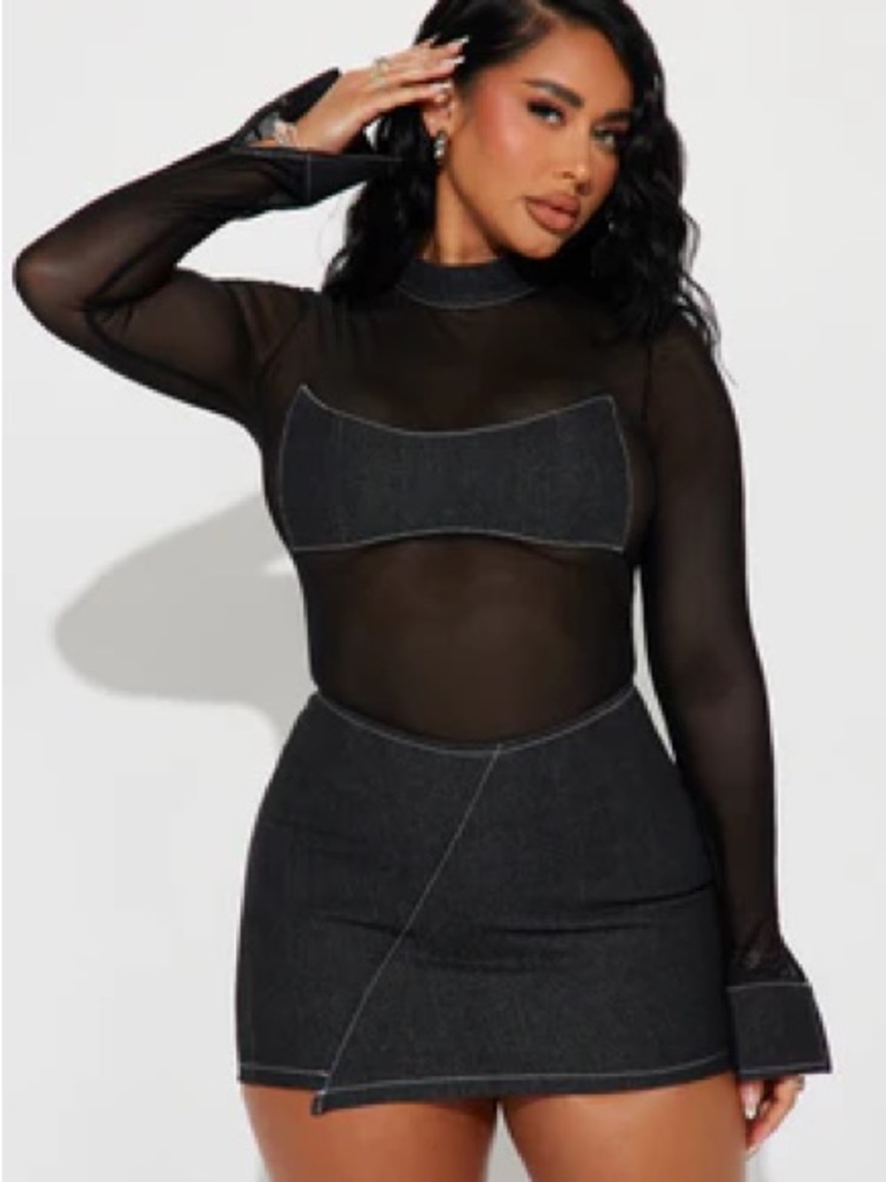 Fashion Nova Black Sheer Long Sleeve Bodysuit with Dark Trim
